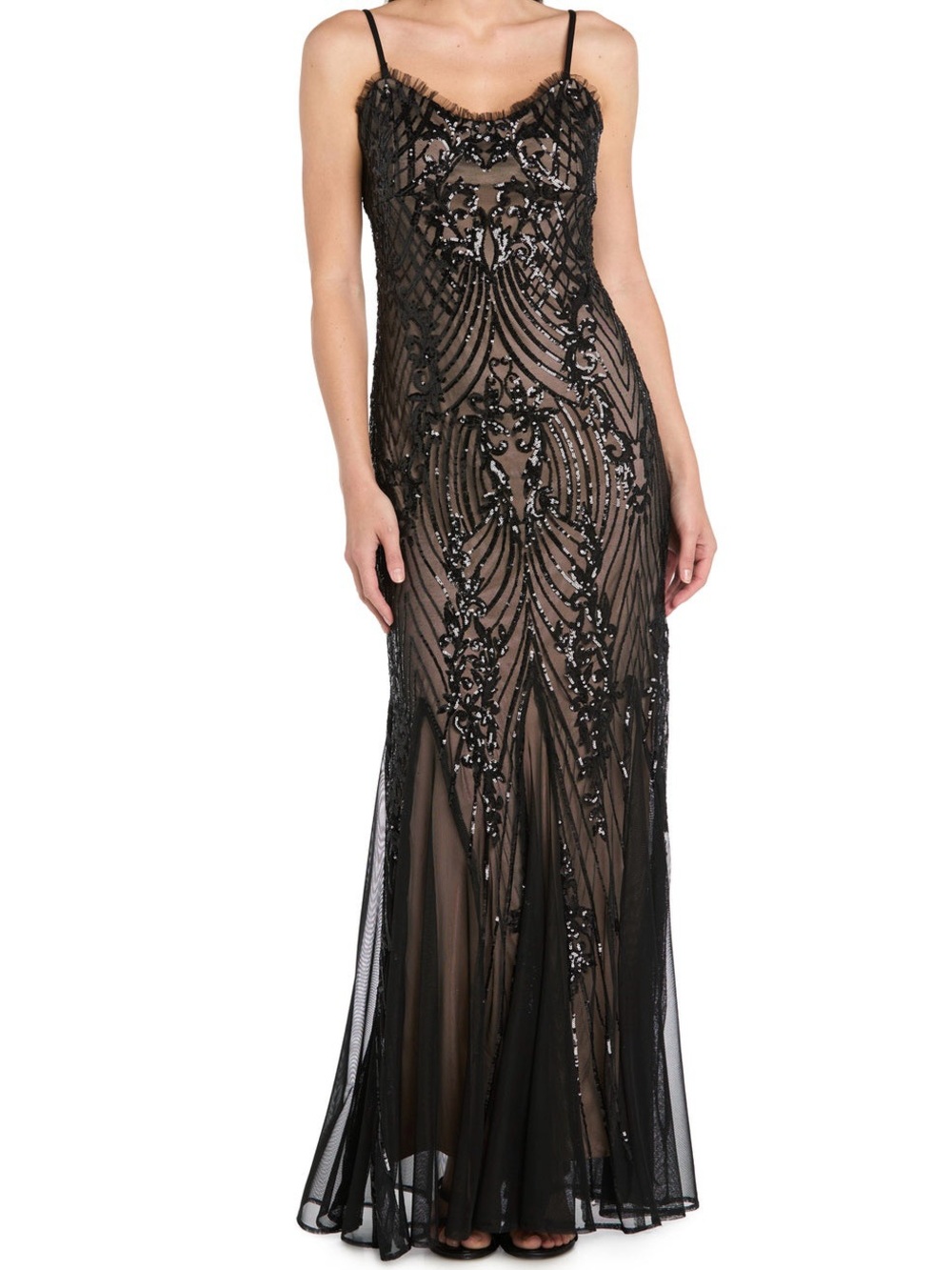 R&M Richard’s Black Over Nude Embellished  Sequin Mesh Evening Gown